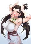  1girl armpits arms_up bare_shoulders body_markings breasts brown_eyes brown_hair cleavage commentary_request dress facial_mark fate/grand_order fate_(series) forehead forehead_mark highres himiko_(fate) large_breasts long_hair looking_at_viewer magatama magatama_necklace open_mouth sash side_slit sideboob solo thighs topknot tsurugi_ai_(seikan_hitchhiker) twintails white_background white_dress 