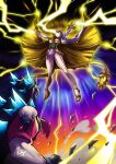  2girls battle black_hair blonde_hair breasts claws cloak colored_sclera dragon dragon_girl dragon_horns dragon_tail dragon_wings electricity fangs glowing glowing_eyes godzilla godzilla:_king_of_the_monsters godzilla_(legendary) godzilla_(series) high_heels highres horns king_ghidorah king_ghidorah_(godzilla:_king_of_the_monsters) multiple_girls open_mouth panties personification red_sclera ryuusei_(mark_ii) sharp_teeth tail teeth underboob underwear white_cloak wings yellow_eyes yellow_panties 