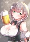  1girl absurdres alcohol beer beer_mug blush braid breasts cleavage closed_mouth commentary_request cup detached_sleeves flower german_clothes green_eyes hair_flower hair_ornament highres hololive i7min large_breasts looking_at_viewer mug puffy_short_sleeves puffy_sleeves shirogane_noel short_sleeves smile twin_braids upper_body virtual_youtuber 