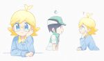  2boys ? ahoge akasaka_(qv92612) bangs baseball_cap black_hair blonde_hair blue_eyes blue_jumpsuit clemont_(pokemon) closed_mouth commentary_request glasses green_headwear green_jacket hat head_rest highres jacket long_sleeves male_focus multiple_boys multiple_views pokemon pokemon_(game) pokemon_masters_ex pokemon_xy scottie_(pokemon) shirt short_hair short_sleeves sleeveless sleeveless_jacket smile upper_body white_shirt zipper_pull_tab 