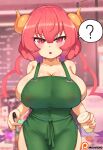  1girl ? absurdres apron bangs bare_shoulders barista blurry blurry_background breasts cafe cleavage coffee_cup collarbone commentary cup curvy disposable_cup dragon_girl dragon_horns english_commentary eyebrows_visible_through_hair fang fingernails green_apron highres holding holding_cup holding_marker horns huge_breasts iced_latte_with_breast_milk_(meme) ilulu_(maidragon) kobayashi-san_chi_no_maidragon long_hair looking_at_viewer marker meme moursho naked_apron open_mouth patreon_logo patreon_username pink_hair skin_fang skindentation slit_pupils solo speech_bubble spoken_question_mark squinting standing thick_thighs thighhighs thighs twintails watermark 