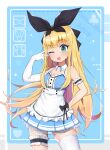  1girl :3 absurdres alice_(alice_in_wonderland) alice_(alice_in_wonderland)_(cosplay) apron arm_behind_back bangs bare_shoulders blonde_hair blunt_bangs bow character_name club_(shape) cosplay detached_collar elbow_gloves eyebrows_visible_through_hair frilled_apron frilled_armband frilled_legwear frilled_skirt frills gloves green_eyes hair_bow hair_ornament halter_top halterneck hand_up heart highres long_hair maid mononobe_alice nijisanji one_eye_closed open_mouth ribbon_print simple_background single_elbow_glove single_thighhigh skirt solo thigh_strap thighhighs two-tone_background v virtual_youtuber white_apron yztp_(sanmery) 