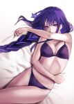  1girl applekun bed_sheet bikini braid braided_ponytail breasts cleavage feet_out_of_frame genshin_impact highres large_breasts lying on_back on_bed purple_bikini purple_eyes purple_hair purple_nails raiden_shogun ribs solo swimsuit 