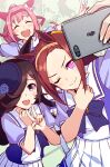  3girls :d animal_ears blush brown_hair cellphone closed_mouth commentary_request facing_viewer fingernails flower_in_eye hair_over_one_eye hairband hand_on_own_chin hand_up haru_urara_(umamusume) hat headband highres holding holding_phone horse_ears itou_(onsoku_tassha) logo_parody long_hair multiple_girls one_eye_closed one_eye_covered open_mouth outstretched_arms phone pink_eyes pink_hair pleated_skirt puffy_short_sleeves puffy_sleeves purple_shirt rice_shower_(umamusume) sailor_collar sakura_bakushin_o_(umamusume) school_uniform selfie serafuku shirt short_sleeves sketch skirt smartphone smile smug spread_arms symbol_in_eye tracen_school_uniform umamusume v white_nails white_sailor_collar white_skirt 