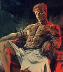  1boy abs architecture brown_hair closed_mouth dated east_asian_architecture extra_eyes facial_mark forehead_tattoo highres itadori_yuuji jujutsu_kaisen looking_at_viewer male_focus muscular muscular_male pectorals red_eyes ryoumen_sukuna_(jujutsu_kaisen) shimhaq short_hair signature sitting solo tattoo throne topless_male very_short_hair 