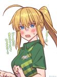  1girl ahoge artoria_pendragon_(fate) bangs blonde_hair blue_eyes blush breasts check_translation collared_shirt fate/grand_order fate_(series) green_shirt hair_between_eyes highres large_breasts long_hair looking_at_viewer mitsurugi_sugar mysterious_heroine_xx_(fate) open_mouth ponytail shirt short_sleeves sidelocks solo translation_request 