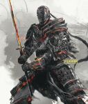  1boy armor artist_name breastplate commentary covered_face dark_souls_(series) dark_souls_ii embers english_commentary fighting_stance full_armor helmet highres holding holding_sword holding_weapon japanese_armor kusazuri male_focus pauldrons shimhaq shoulder_armor sir_alonne solo standing sword two-handed weapon 