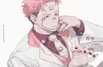  1boy black_hair black_nails collared_shirt dress_shirt extra_eyes facial_tattoo hello_kitty hello_kitty_(character) itadori_yuuji jacket jewelry jujutsu_kaisen k00s long_sleeves male_focus necktie parted_lips pin pink_hair red_eyes red_shirt ring ryoumen_sukuna_(jujutsu_kaisen) shirt short_hair simple_background solo tattoo undercut upper_body white_background white_jacket white_necktie 