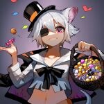  1girl animal_ears arknights bangs basket black_bow black_bowtie black_eyepatch black_jacket bow bowtie candy chinese_commentary clay_(clayjun) click_(arknights) click_(grave_thief)_(arknights) crop_top eyepatch food gradient gradient_background grin hands_up hat holding holding_basket jacket jacket_on_shoulders lollipop looking_at_viewer mouse_ears mouse_girl mouse_tail navel official_alternate_costume one_eye_covered shirt short_hair silver_hair smile solo tail top_hat upper_body white_shirt 