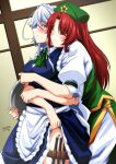 2girls :3 ahoge apron ascot bangs beret blue_dress blue_eyes blush braid breasts chinese_clothes closed_eyes clothes_lift collared_shirt commentary_request dated dress eyebrows_visible_through_hair frilled_dress frills green_ascot hair_ribbon hat hat_ornament holster hong_meiling hug hug_from_behind izayoi_sakuya knife_holster large_breasts long_hair looking_at_viewer maid maid_apron maid_headdress multiple_girls pants parted_bangs puffy_short_sleeves puffy_sleeves red_hair ribbon shirt short_sleeves signature skirt skirt_lift standing star_(symbol) star_hat_ornament tatsuya_(guild_plus) thigh_holster touhou tray tress_ribbon twin_braids white_pants wing_collar 