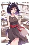  1girl :d alternate_costume animal_ears arm_behind_back bangs black_hair blue_eyes blurry blurry_background blush bob_cut border breasts casual coffee_cup collarbone commentary_request cowboy_shot cup disposable_cup dress drinking_straw ear_ornament ear_ribbon eishin_flash_(umamusume) eyebrows_visible_through_hair highres holding holding_cup horse_ears horse_girl horse_tail jacket looking_at_viewer medium_breasts michizane_sgawl off_shoulder open_clothes open_jacket open_mouth outside_border round_teeth sash shiny shiny_hair short_hair sleeveless sleeveless_dress smile solo tail teeth thighs train_station umamusume upper_teeth white_border 