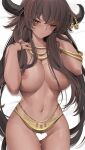 1girl ass_visible_through_thighs bangs bed_sheet breasts brown_hair censored commentary cowboy_shot dakimakura_(medium) dark-skinned_female dark_skin english_commentary eyes_visible_through_hair frown hair_over_breasts heart heart_censor highres horn_ornament horns jewelry large_breasts long_hair looking_away lying navel nipples nude on_back original red_eyes solo tail tony_guisado very_long_hair 