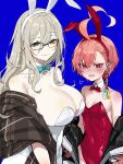  2girls absurdres akane_(blue_archive) animal_ears bangs bare_shoulders blue_archive bow bowtie braid breasts brown_eyes cleavage commentary_request detached_collar fake_animal_ears glasses hair_between_eyes highres large_breasts leotard long_hair mole mole_under_eye multiple_girls nang_z1 neru_(blue_archive) open_mouth pink_hair playboy_bunny rabbit_ears red_eyes red_leotard small_breasts 