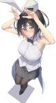  1girl animal_ears armpits bare_shoulders black_hair black_legwear blush bow bowtie bunny_pose commentary_request fake_animal_ears from_above hair_between_eyes highres original pallad pantyhose rabbit_ears short_hair skirt solo standing white_background 