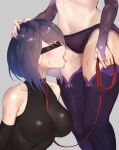  2girls absurdres after_cunnilingus bare_shoulders bdsm between_breasts black_shirt blindfold blush breasts bridal_gauntlets cameltoe collar cunnilingus cunnilingus_through_clothes eyebrows_visible_through_hair genshin_impact grey_background hand_on_another&#039;s_head haraheriei headpat highres holding holding_leash impossible_clothes impossible_shirt kujou_sara lace-trimmed_panties lace_trim large_breasts leash multiple_girls nail_polish navel open_mouth oral panties purple_legwear purple_nails purple_panties pussy_juice pussy_juice_trail raiden_shogun saliva shirt simple_background standing stomach taut_clothes taut_shirt thighhighs tongue tongue_out underwear underwear_only yuri 