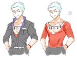  1boy 5_(1boshi) bead_bracelet bead_necklace beads blue_hair bracelet collarbone commentary_request hands_in_pockets idolmaster idolmaster_side-m jewelry jumpsuit kuzunoha_amehiko long_sleeves male_focus necklace pectoral_cleavage pectorals popped_collar red_shirt shirt simple_background smile solo v-neck white_background 
