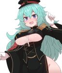  1girl :d after_paizuri black_dress black_headwear blue_hair breasts cum cum_on_body cum_on_breasts cum_string cumdrip dress epaulettes gloves hair_between_eyes hand_up hat highres imagawa_yoshimoto_(sengoku_collection) large_breasts long_hair long_sleeves open_mouth peaked_cap purple_eyes sengoku_collection simple_background smile solo sumiyao_(amam) underboob white_background white_gloves wide_sleeves 