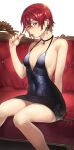  1girl bare_legs bare_shoulders black_choker blush breasts choker cleavage couch dress earrings grey_eyes hair_twirling han_soo-min_(hanny) hanny_(uirusu_chan) highres jewelry looking_at_viewer navel no_bra original plunging_neckline red_hair short_dress short_hair simple_background sitting small_breasts solo spaghetti_strap tekken 