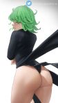  1girl ass atric18 black_dress black_panties closed_mouth commentary crossed_arms curly_hair dress from_behind green_eyes green_hair highres huge_ass looking_back one-punch_man panties short_hair simple_background solo tatsumaki thick_thighs thighs thong twitter_username underwear watermark web_address white_background 