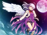  1girl ass_visible_through_thighs black_footwear black_panties boots bow bow_panties braid brown_footwear chima_q cloud cloudy_sky commentary crown_braid feathered_wings floating full_moon hand_on_own_face highres jacket kishin_sagume long_hair long_sleeves looking_at_viewer moon night night_sky panties purple_bow purple_eyes purple_shirt purple_skirt shirt single_wing skirt sky solo thigh_gap thighs touhou underwear white_hair white_jacket white_wings wings 
