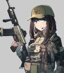  1girl absurdres assault_rifle baseball_cap battlefield_(series) brown_hair bulletproof_vest camouflage closed_mouth gar32 genderswap genderswap_(mtf) green_eyes grey_background gun hand_up hat headset highres holding holding_gun holding_weapon long_hair long_sleeves looking_at_viewer m4_carbine microphone original rifle simple_background smile solo tactical_clothes trigger_discipline upper_body weapon 