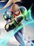  1girl arm_cannon armor bangs blonde_hair blue_eyes glowing gun long_hair looking_at_viewer metroid metroid_dread mole mole_under_mouth ponytail power_armor power_suit ross_tran samus_aran science_fiction sidelocks simple_background smile solo visor weapon 