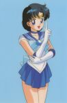  1990s_(style) 1girl :d bishoujo_senshi_sailor_moon blue_background blue_choker blue_eyes blue_hair blue_skirt blue_theme bow choker cowboy_shot elbow_gloves feet_out_of_frame gloves hand_up index_finger_raised leotard magical_girl miniskirt mizuno_ami official_art open_mouth plaid retro_artstyle sailor_mercury sailor_senshi sailor_senshi_uniform short_hair simple_background skirt smile solo standing tiara white_gloves 