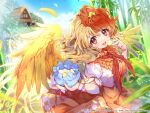  1girl animal_on_head arm_garter bamboo bird bird_on_head bird_wings blonde_hair blue_sky blurry blurry_background cloud dress eyebrows_visible_through_hair feathered_wings feathers highres hut light_particles looking_at_viewer malino_(dream_maker) mochi multicolored_hair niwatari_kutaka on_head open_mouth orange_skirt pouch red_hair red_neckwear red_ribbon ribbon short_hair short_sleeves skirt sky solo teeth touhou touhou_danmaku_kagura two-tone_hair upper_body upper_teeth vest white_vest wings 