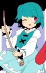  ;p aqua_hair aqua_vest bangs blue_skirt blush commentary cowboy_shot highres holding holding_umbrella ini_(inunabe00) long_sleeves one_eye_closed purple_background red_eyes shirt short_hair skirt smile tatara_kogasa tongue tongue_out touhou umbrella white_shirt 