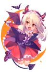  1girl bangs bare_shoulders bat blush breasts demon_horns demon_tail demon_wings dress echo_(circa) elbow_gloves fate/grand_order fate/kaleid_liner_prisma_illya fate_(series) frilled_hairband frills gloves hairband halloween_costume halloween_petite_devil_(fate/grand_order) horns illyasviel_von_einzbern long_hair looking_to_the_side open_mouth purple_dress red_eyes red_gloves red_skirt simple_background skirt small_breasts smile solo tail white_background white_hair wings 