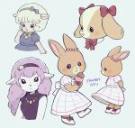  4girls :&lt; :3 :d animal_ears ayu_(mog) bell blonde_hair blue_dress blush bow bowtie dog_ears dress ear_bow ear_ornament food furry furry_female hair_bow hairband holding holding_food ice_cream long_hair looking_at_viewer multiple_girls neck_bell open_mouth original pink_hair rabbit_ears red_bow sheep_ears signature smile white_dress yellow_bow yellow_bowtie 