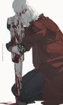  2boys age_comparison black_gloves black_pants blood blood_on_arm blood_on_clothes blood_on_face blood_on_hands blood_on_leg coat dante_(devil_may_cry) devil_may_cry_(series) devil_may_cry_5 facial_hair fingerless_gloves full_body gloves highres hug k00s kneeling male_focus multiple_boys pants profile red_coat shirt short_hair shorts simple_background sleeves_rolled_up torn_clothes white_background white_hair white_shirt white_shorts 