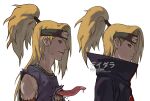  1boy akatsuki_(naruto) akatsuki_uniform blonde_hair blue_eyes character_name character_profile character_sheet closed_mouth deidara_(naruto) fisher903 forehead_protector grin naruto_(series) naruto_shippuuden ninja open_mouth saliva simple_background smile solo teeth tongue tongue_out white_background 