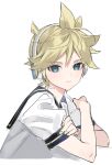  1boy aqua_eyes black_collar blonde_hair collar collared_shirt commentary cropped_torso crossed_arms headphones headset kagamine_len looking_at_viewer male_focus nail_polish naoko_(naonocoto) sailor_collar school_uniform shirt short_sleeves sketch solo spiked_hair upper_body vocaloid white_background white_shirt yellow_nails 