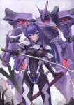  1girl bangs blue_eyes blue_hair breasts covered_navel expressionless floating_hair fortified_suit head_tilt highres holding holding_sword holding_weapon ito_t20a katana long_hair looking_at_viewer mecha medium_breasts mitsurugi_meiya muvluv muvluv_alternative pilot_suit red_eyes science_fiction sword tactical_surface_fighter takemikazuchi_(muvluv) v-shaped_eyebrows weapon 