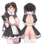  1girl 3: ass backless_dress backless_outfit between_breasts bikini black_dress black_gloves black_hair blush breasts dress frown gloves gradient_hair halterneck holding long_hair looking_at_viewer maid maid_headdress mole mole_on_ass mole_on_body mole_on_breast multicolored_hair multiple_views necktie original pleated_dress popqn red_eyes revision short_sleeves shoulder_blades string_bikini swimsuit thighhighs thong thong_bikini twintails white_bikini white_legwear wing_collar 