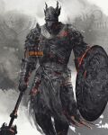  1boy animal_helmet armor artist_name breastplate chainmail cowboy_shot dark_souls_(series) dark_souls_iii eygon_of_carim facing_viewer faulds full_armor gauntlets helmet highres holding holding_shield holding_weapon male_focus pauldrons pelvic_curtain shield shimhaq shoulder_armor solo standing weapon 