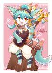  1girl :3 absurdres amber_(gemstone) animal_ear_fluff animal_ears animal_feet animal_nose aqua_fur aqua_hair artist_name bangle bangs bare_shoulders barefoot blue_hair blue_shirt body_fur border bracelet breasts commentary copyright_name earrings english_commentary english_text engrish_commentary feather_hair_ornament feathers firo_(puzzle_&amp;_dragons) fox_ears fox_girl fox_tail full_body furry furry_female hair_ornament hair_ribbon hand_up happy highres holding holding_instrument instrument jewelry kryztar long_hair looking_at_viewer lute_(instrument) multicolored_hair multiple_earrings music musical_note off-shoulder_shirt off_shoulder open_mouth orange_eyes outside_border pants pink_background playing_instrument ponytail puffy_pants puzzle_&amp;_dragons ribbon ring scarf sheet_music shiny shiny_hair shirt sidelocks signature sitting small_breasts smile solo strap_slip tail tied_hair tree_stump two-tone_fur two-tone_hair white_border white_fur white_pants 