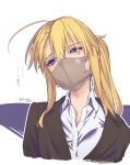  1girl ahoge artoria_pendragon_(fate) black_jacket blonde_hair blue_eyes breasts collared_shirt dress_shirt fate/grand_order fate_(series) hair_between_eyes highres jacket large_breasts long_hair long_sleeves looking_to_the_side mask mitsurugi_sugar mouth_mask mysterious_heroine_xx_(fate) ponytail shirt sidelocks solo translated white_shirt 