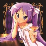  1girl bangs blush cup dress earrings elbow_rest eyebrows_visible_through_hair hair_ribbon hiiragi_kagami holding holding_cup hotaru_iori ichimi_renge jewelry long_hair looking_at_viewer lucky_star parted_lips purple_eyes purple_hair ribbon simple_background solo twintails upper_body white_dress white_ribbon 