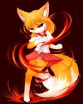  1girl animal_ear_fluff animal_ears animal_feet animal_nose artist_name aura bangs barefoot black_sclera blood blood_from_mouth blood_on_clothes blood_on_face blood_on_hands body_fur breasts cameltoe clenched_hand closed_mouth colored_sclera commentary english_commentary fox_ears fox_girl fox_tail furry furry_female half-closed_eyes hands_up highres holding holding_knife jpeg_artifacts kitchen_knife knees_together_feet_apart knife kryztar leg_up long_hair miniskirt multiple_tails orange_hair original panties pantyshot paw_print pink_skirt pleated_skirt red_background red_eyes shirt short_sleeves sidelocks signature simple_background skirt small_breasts snout solo standing standing_on_one_leg tail two-tone_fur two_tails underwear upskirt white_fur white_panties white_shirt yellow_fur 