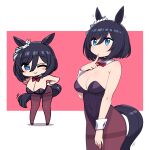  1girl ;) animal_ears bare_shoulders between_legs black_hair black_leotard blue_eyes bow bowtie breasts chan_co cleavage closed_mouth detached_collar eishin_flash_(umamusume) eyebrows_visible_through_hair finger_to_mouth full_body hair_between_eyes hand_between_legs highleg highleg_leotard horse_ears horse_girl horse_tail index_finger_raised large_breasts leotard medium_hair multiple_views one_eye_closed pantyhose playboy_bunny_leotard red_bow red_bowtie simple_background smile solo_focus tail thighs two-tone_background umamusume wrist_cuffs 