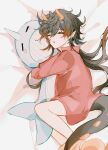  1boy bed black_hair brown_hair child dragon_horns dragon_tail earrings eyeshadow genshin_impact gradient_hair highres horns jewelry long_hair makeup multicolored_hair object_hug red_eyeshadow sleeping sleepwear solo stuffed_whale tail xianshiwumiao zhongli_(genshin_impact) 