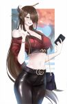  1girl alternate_costume bag bare_shoulders beidou_(genshin_impact) belt black_pants border breasts brown_hair casual cellphone cleavage crop_top eyepatch genshin_impact hair_ornament hair_over_one_eye hair_stick hairpin handbag highres holding holding_phone jewelry large_breasts long_hair navel off_shoulder one_eye_covered open_mouth pants phone red_eyepatch red_eyes ring smartphone solo stomach tight tight_pants tommy_(kingdukeee) very_long_hair white_border 