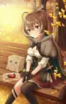  1girl absurdres antenna_hair asymmetrical_legwear autumn autumn_leaves bag bench berry black_gloves blush breasts brown_cape brown_eyes brown_hair cape cleavage commentary corset feather_hair_ornament feathers fingerless_gloves food friend_(nanashi_mumei) fruit gloves hair_ornament highres hololive hololive_english long_hair looking_at_viewer md5_mismatch medium_breasts nanashi_mumei napkin outdoors pleated_skirt ponytail red_skirt sitting sitting_on_bench skirt smile solo thighhighs tree virtual_youtuber zeng$_(zwj) 