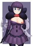  1girl bangs blunt_bangs blush bob_cut breasts chandelure closed_mouth clothes_pull commentary_request drifblim eyelashes glasses gloves heart highres ichigai_(hayawossan) looking_at_viewer nipples no_bra one_breast_out pantyhose pleated_skirt pokemon pokemon_(game) pokemon_bw pulled_by_self purple_eyes purple_hair purple_skirt shauntal_(pokemon) shirt_pull short_hair skirt smile 