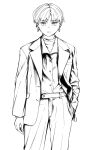  1girl androgynous arm_at_side belt buttons commentary cowboy_shot earrings expressionless formal greyscale hand_in_pocket hoop_earrings jacket jewelry looking_at_viewer monochrome open_clothes open_jacket original pants short_hair simple_background solo suit teddy_(takarada) white_background wrinkled_fabric 