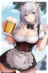  1girl absurdres alcohol alternate_costume alternate_hairstyle apron beer beer_mug blush bow bowtie breasts cleavage copyright_name corset cow_horns cowboy_shot cup detached_collar detached_sleeves dress frilled_dress frills german_clothes green_eyes highres holding holding_cup hololive horns large_breasts long_hair maid_apron mug open_mouth pipin_try shirogane_noel short_dress smile solo straight_hair thighhighs virtual_youtuber white_hair zettai_ryouiki 