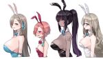  4girls akane_(blue_archive) animal_ears asuna_(blue_archive) bare_shoulders blue_archive blue_bow blue_bowtie blue_eyes blue_ribbon bow bowtie braid breasts brown_hair bust_chart dark-skinned_female dark_skin detached_collar fake_animal_ears flat_chest glasses hair_ribbon height_difference justeeeeth karin_(blue_archive) large_breasts long_hair looking_at_viewer mole mole_on_breast multiple_girls neru_(blue_archive) pink_hair playboy_bunny ponytail profile rabbit_ears red_bow red_bowtie red_eyes ribbon short_hair simple_background single_braid upper_body white_background yellow_eyes 