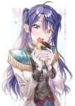  1girl absurdres ascot bangs blue_ascot blue_hair eating food genderswap genderswap_(mtf) gloves grey_eyes grey_vest hair_between_eyes harusaki_air highres holding holding_food jacket long_hair long_sleeves looking_at_viewer loveodoro mole mole_under_eye nijisanji open_mouth parted_bangs simple_background solo very_long_hair vest virtual_youtuber white_background white_gloves white_jacket wide-eyed 